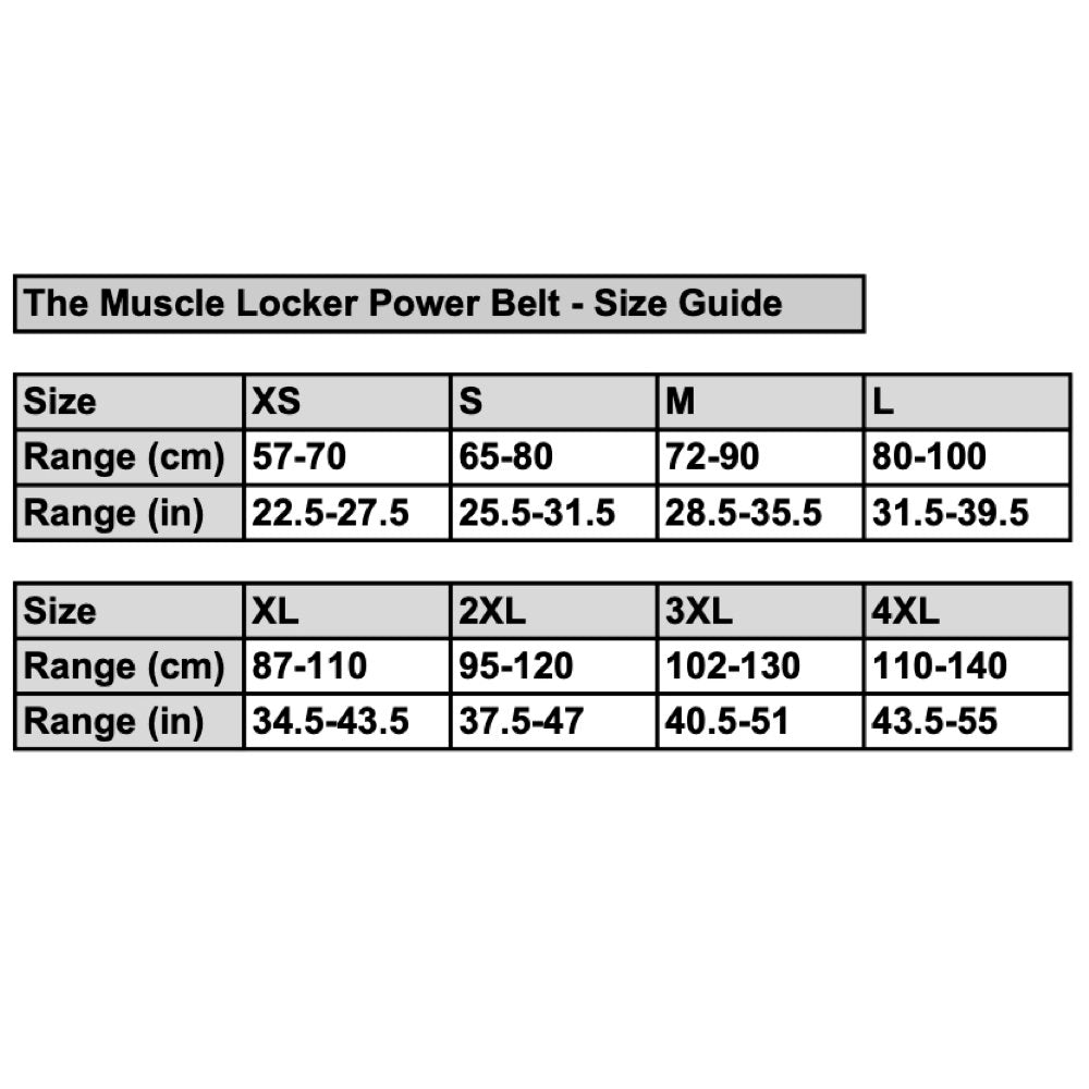 Power Belt Size Guide - The Muscle Locker 13mm Power Lever Belt